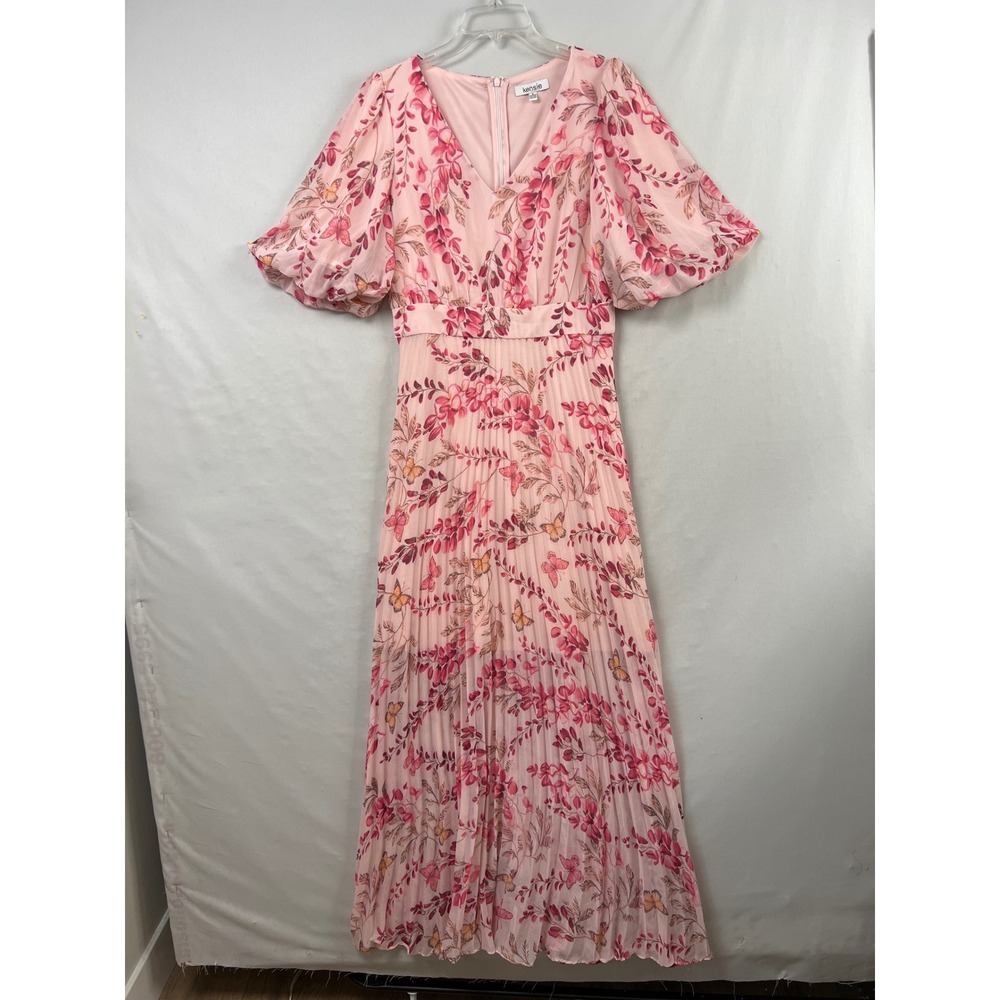 Kensie Maxi Dress Womens 8 Pink Floral Butterfly Pleated Puff Sleeve V-Neck